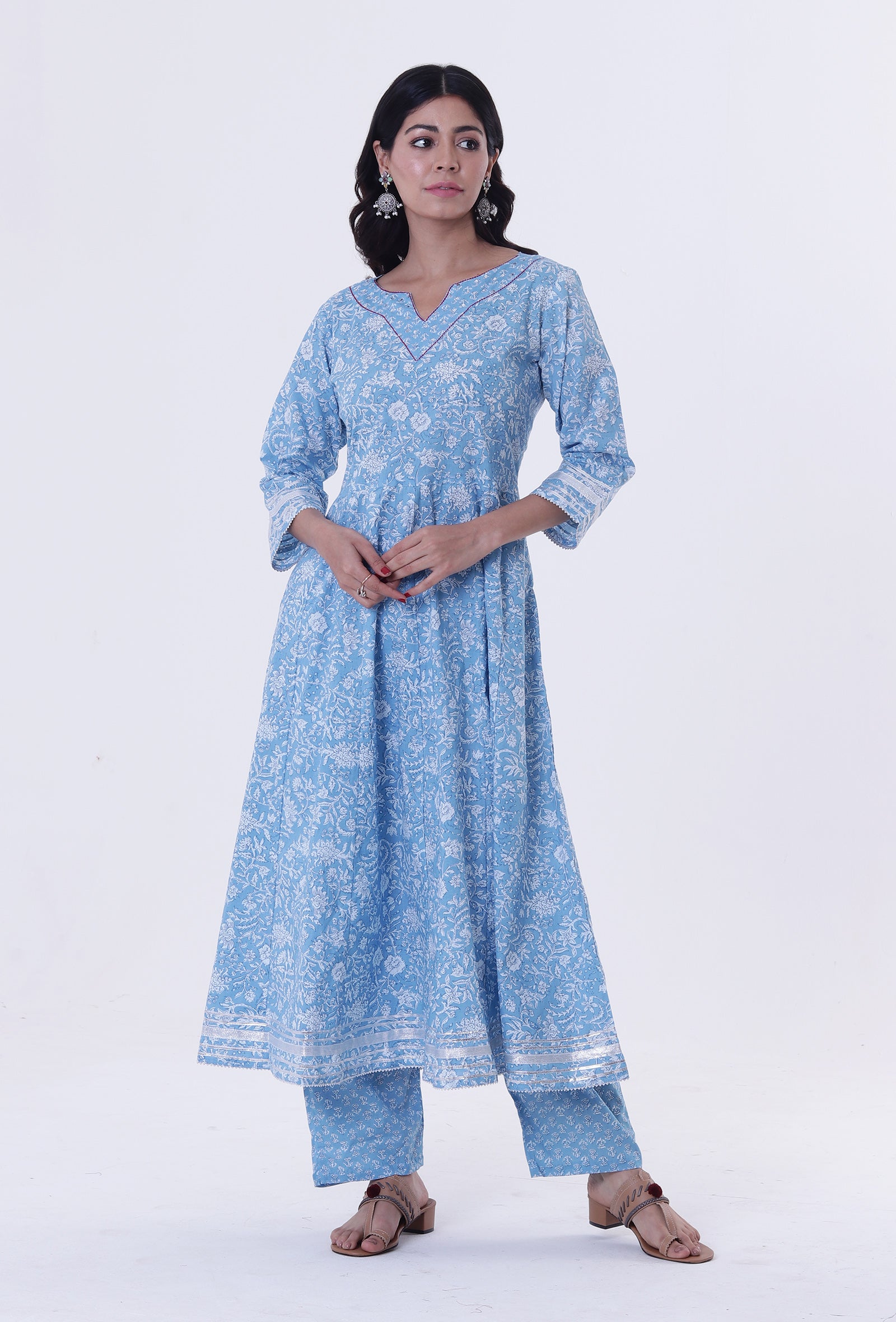 Blue & White Cotton Block Printed Kurta