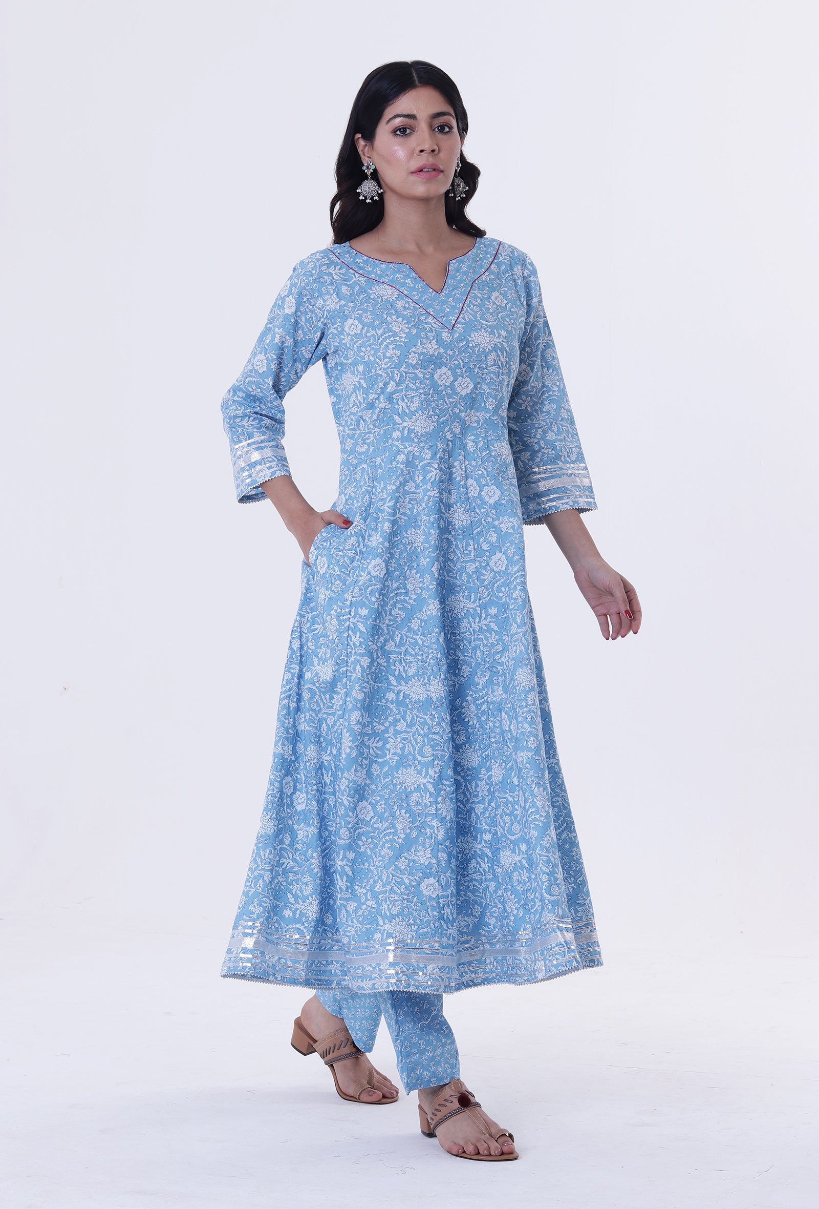 Blue & White Cotton Block Printed Kurta