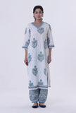 White Cotton Kurta With Blue Motif