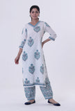 White Cotton Kurta With Blue Motif