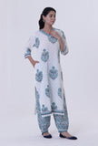 White Cotton Kurta With Blue Motif