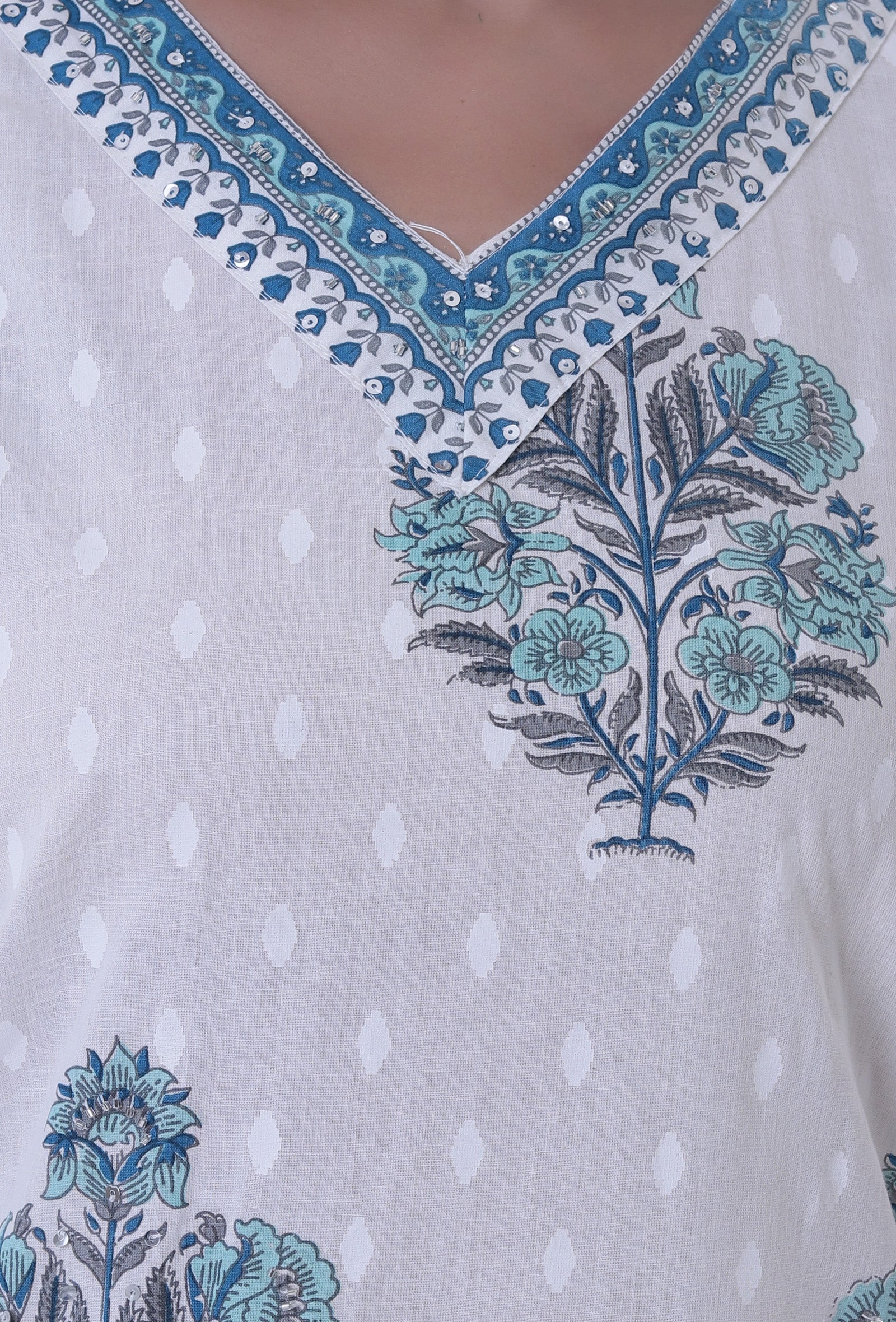 White Cotton Kurta With Blue Motif