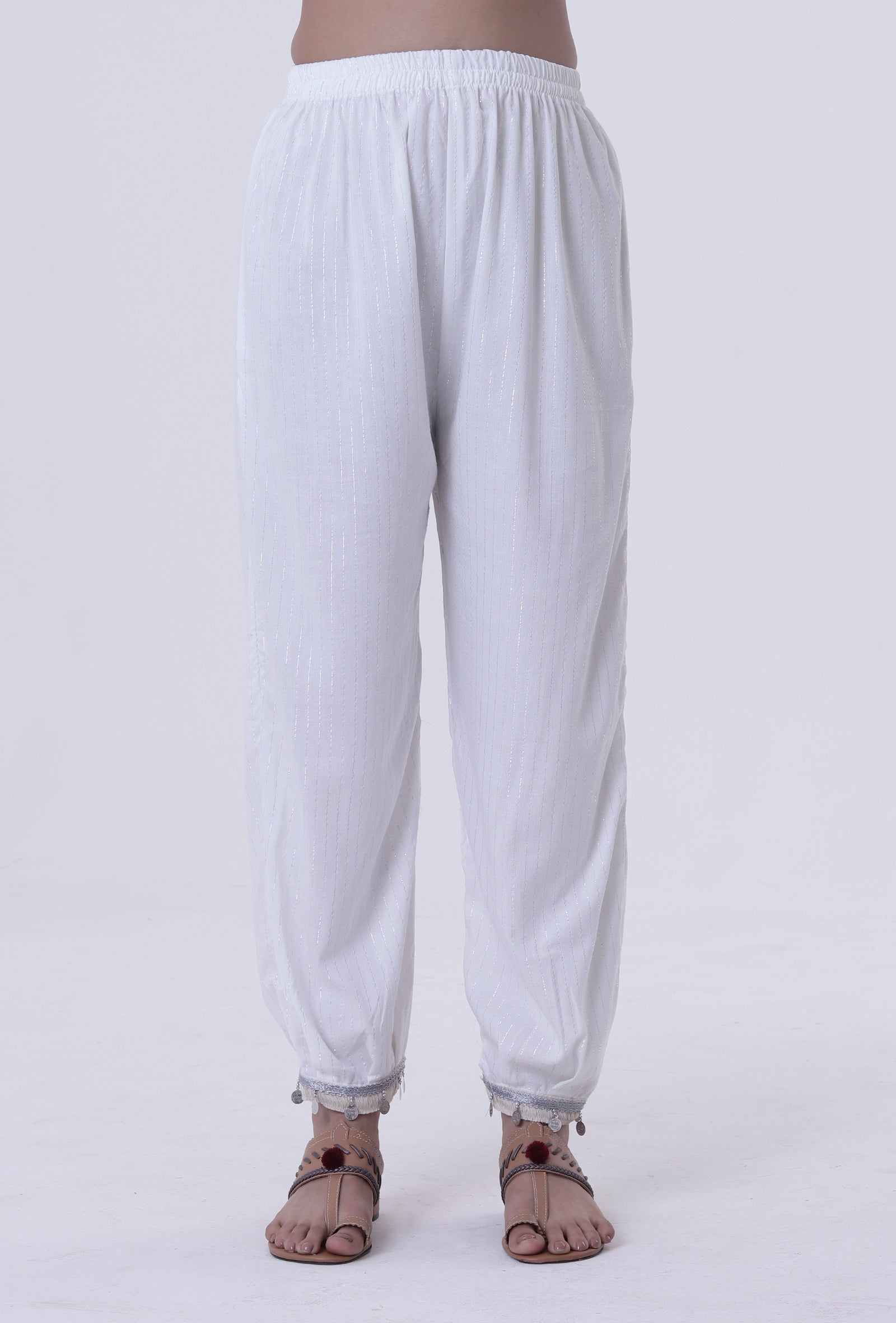 Set Of 2: White Lurex Kurta With Pant Set