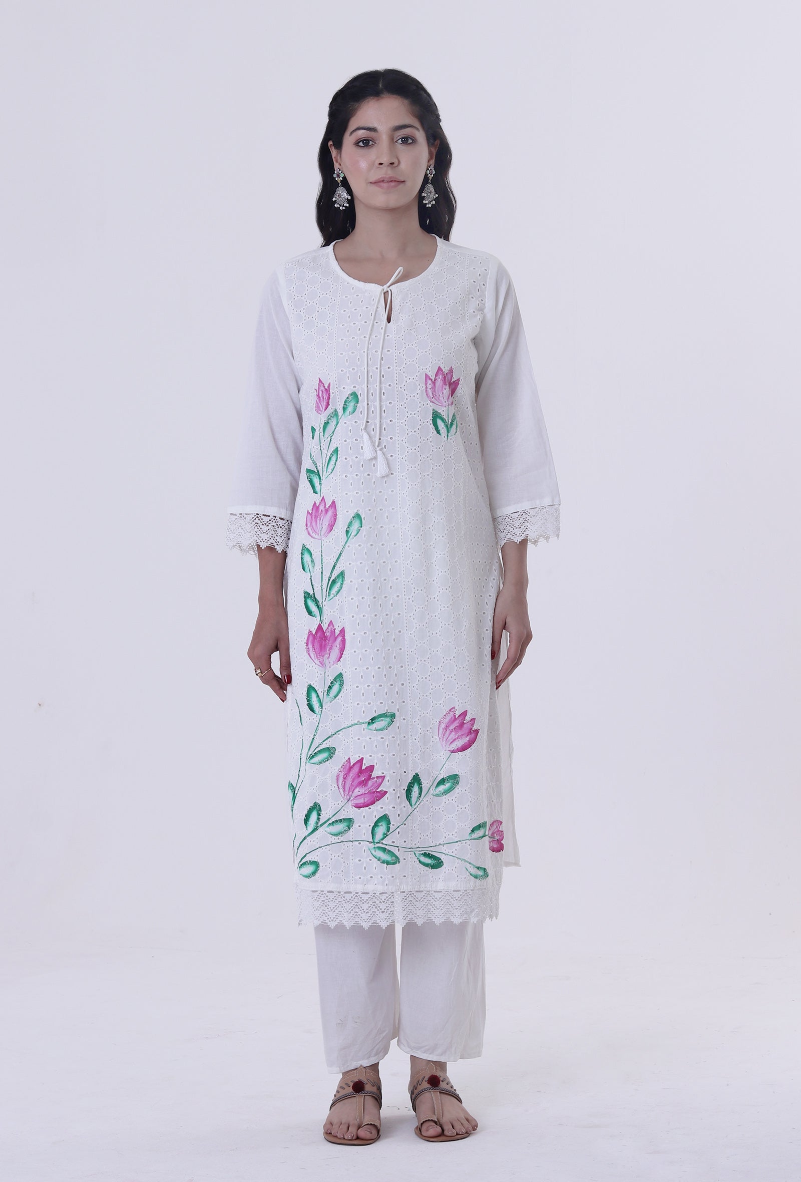 White Cotton Chikankari Laces Kurta