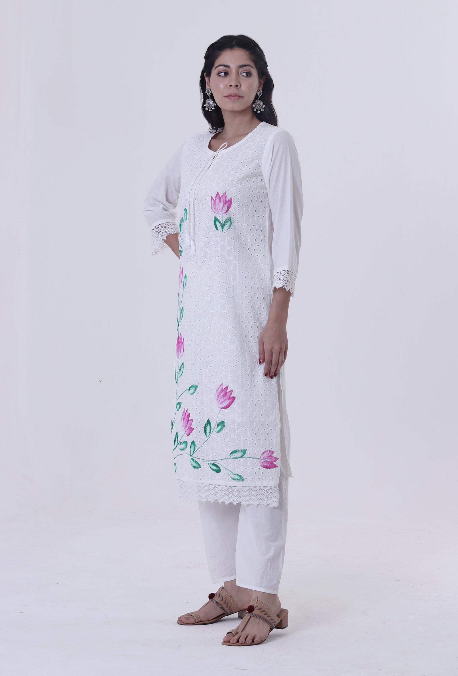 White Cotton Chikankari Laces Kurta