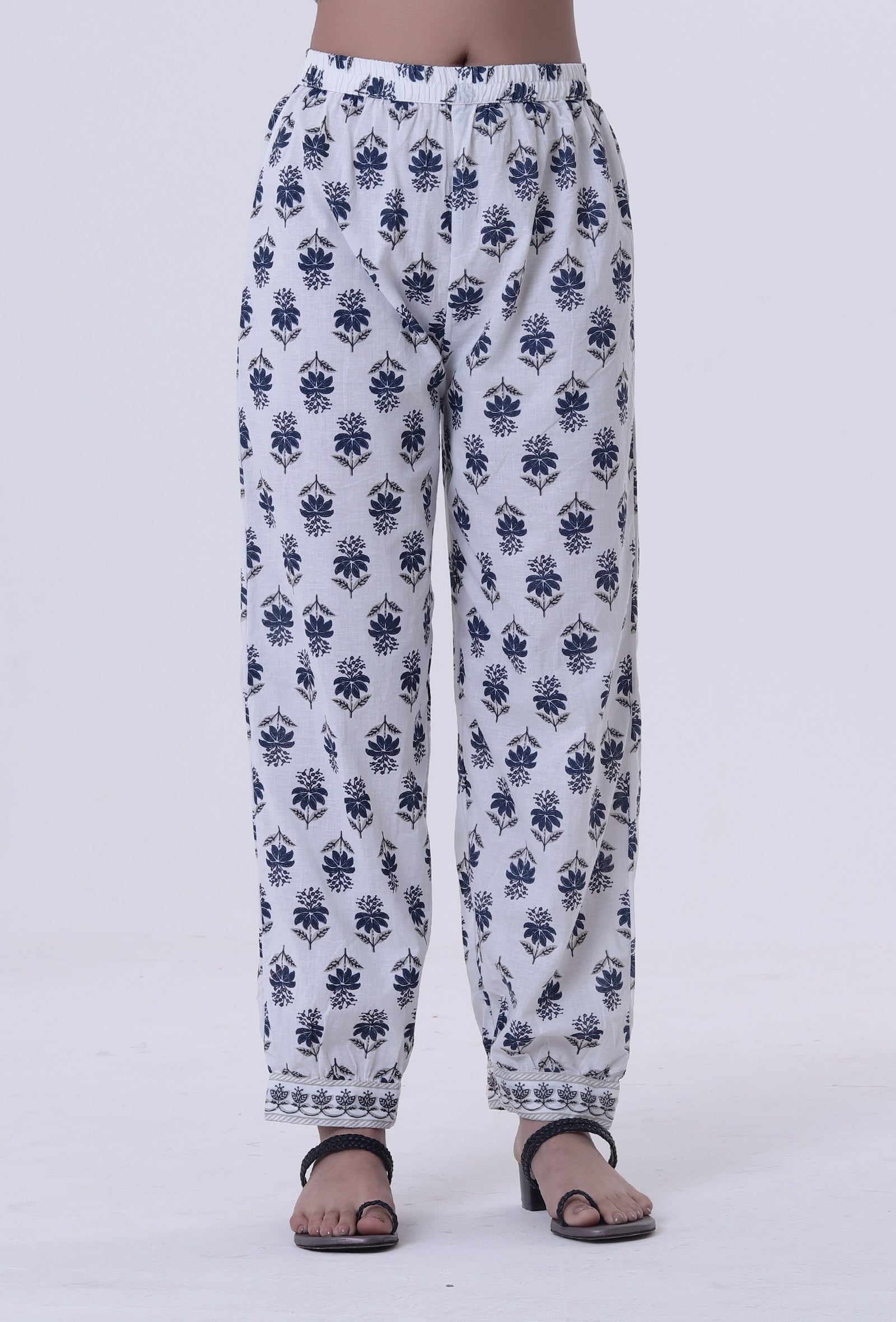Set Of 2: Blue Motif White Cotton Kurta with Pant Set