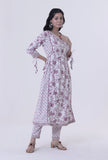 Set Of 2: Dusty Lavender Motif White Cotton Kurta With Pant