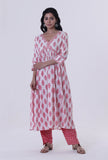 Set Of 2: White Cotton Kurta & Pant Set with Pink Motif
