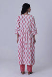 Set Of 2: White Cotton Kurta & Pant Set with Pink Motif