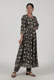 Set Of 2: Ajrakh Printed Black Cotton Anarkali & Pant Set