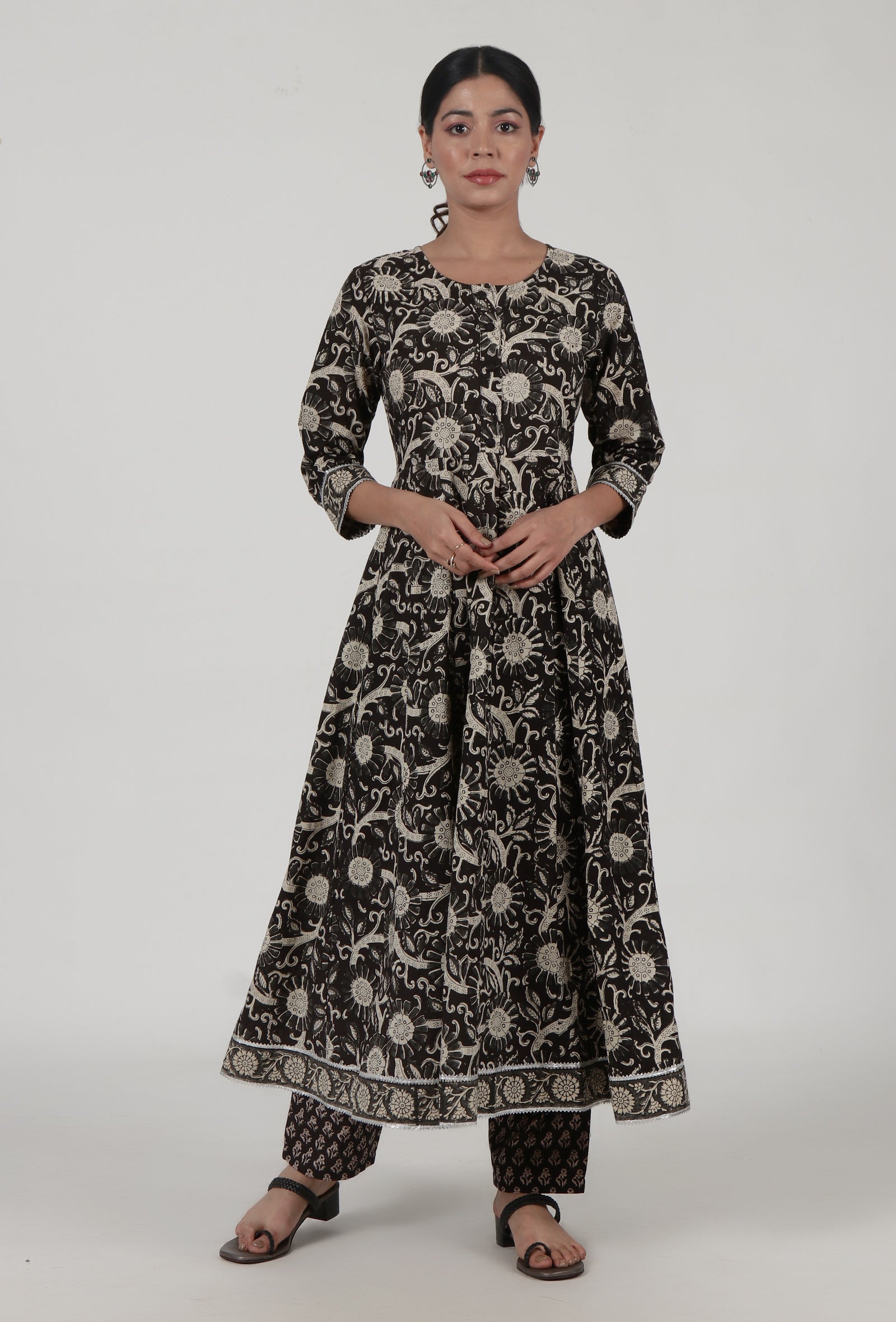 Ajrakh Printed Black Cotton Anarkali