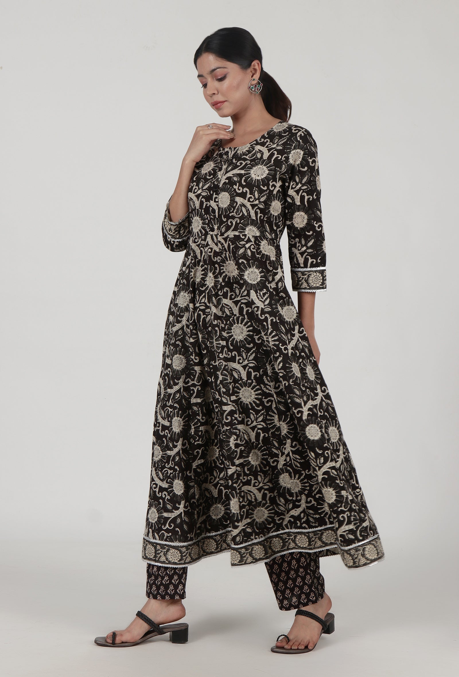 Ajrakh Printed Black Cotton Anarkali