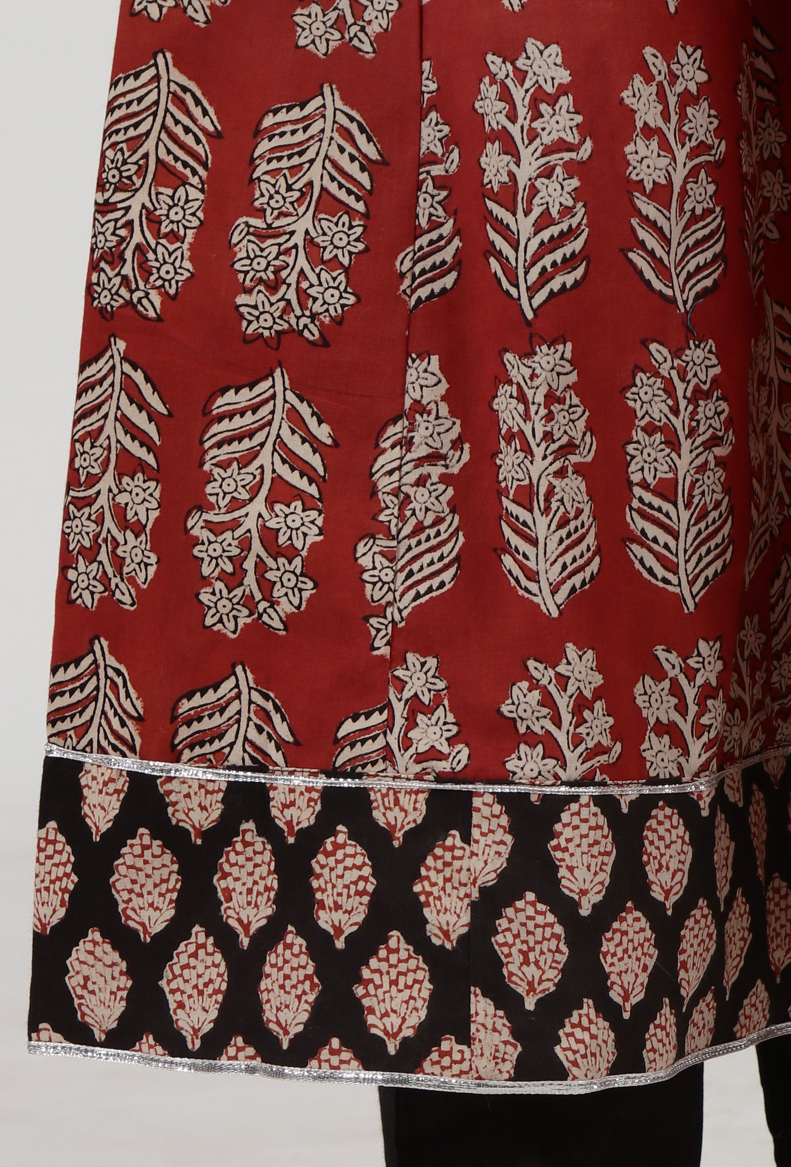 Ajrakh Printed Red Cotton Anarkali With White Motif