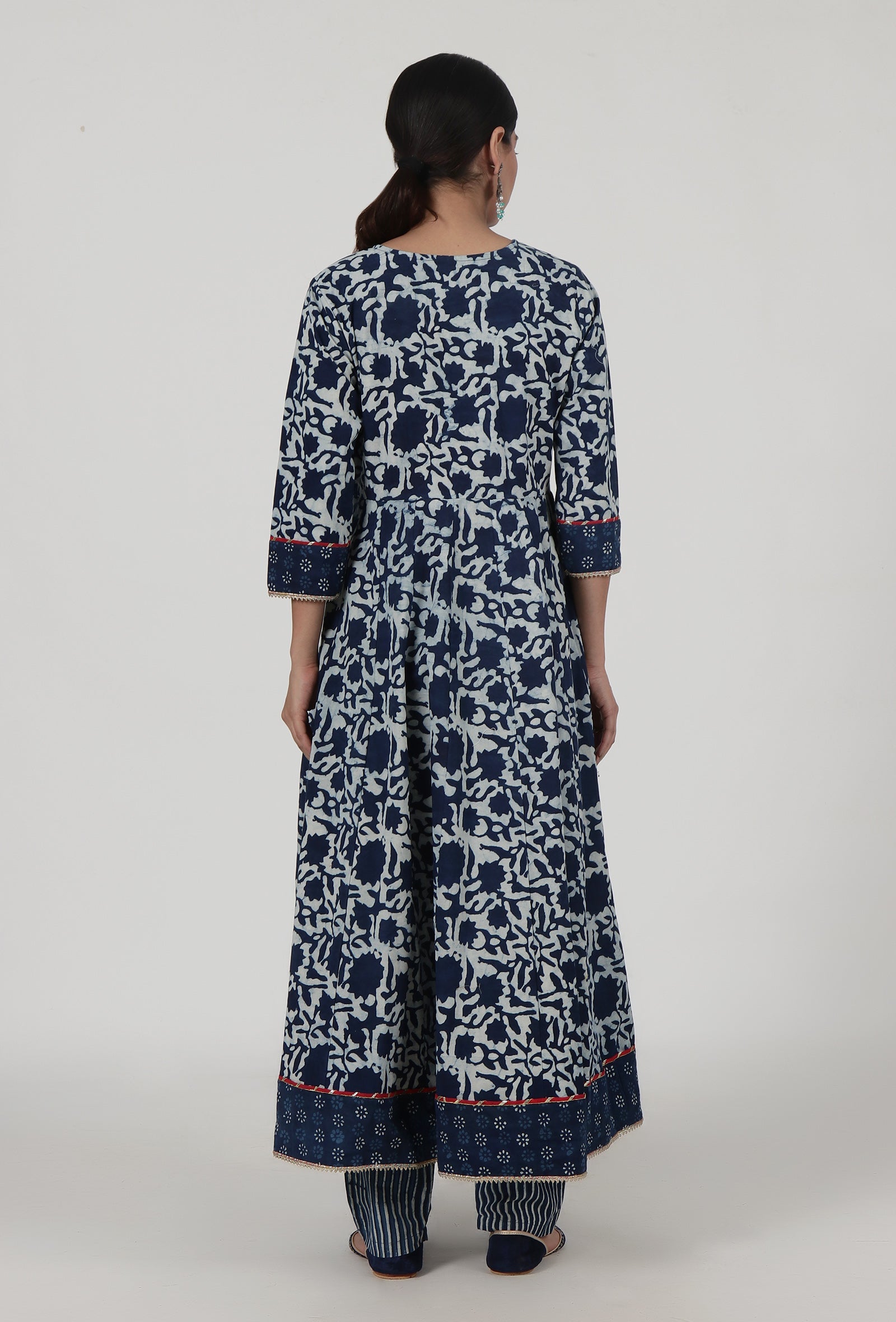 Set Of 2: Indigo Printed Blue Cotton Anarkali & Pant Set