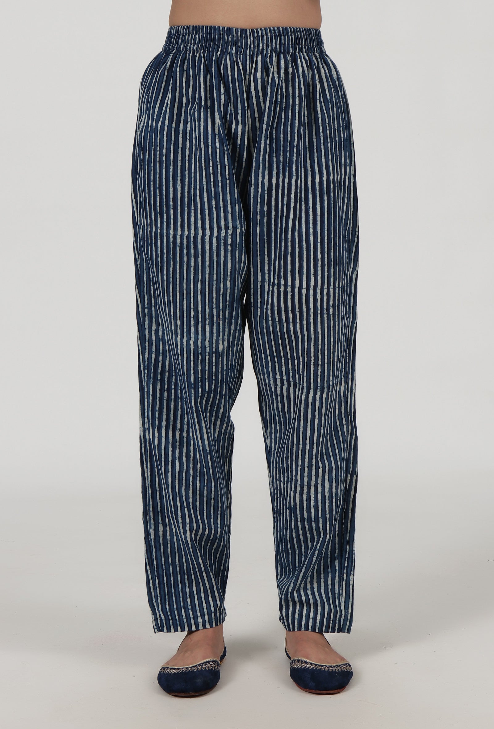 Indigo printed blue cotton pants for women