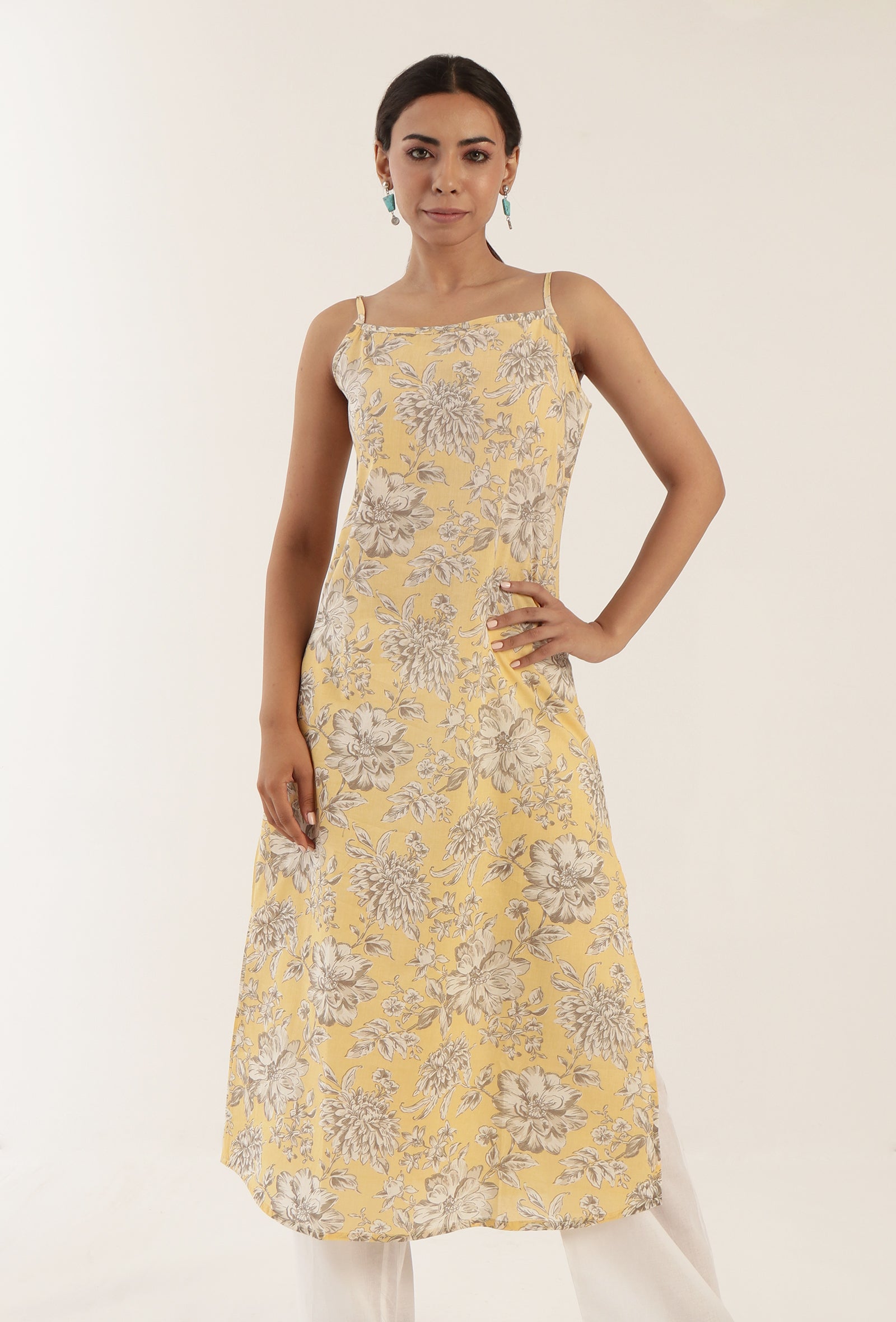 Yellow Color Cotton Slip With Multicolor Motif