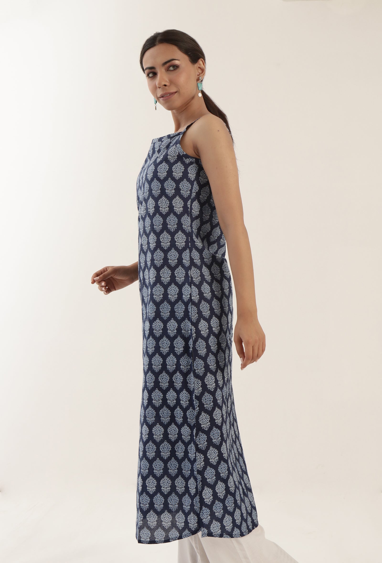 Blue Color Cotton Slip With White Motif