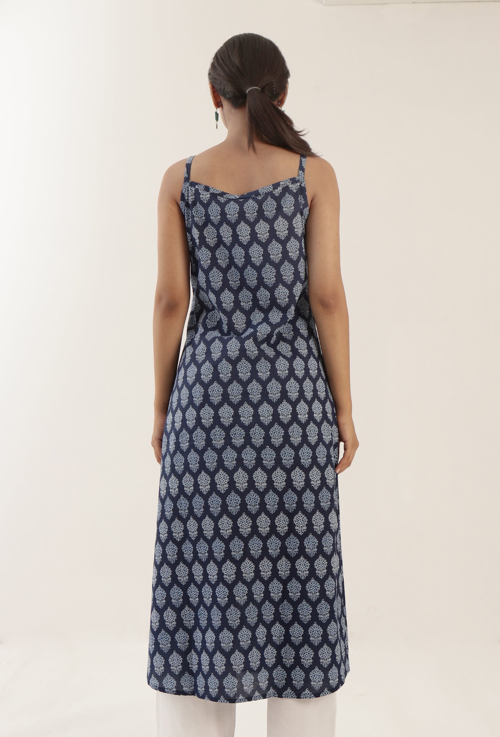 Blue Color Cotton Slip With White Motif