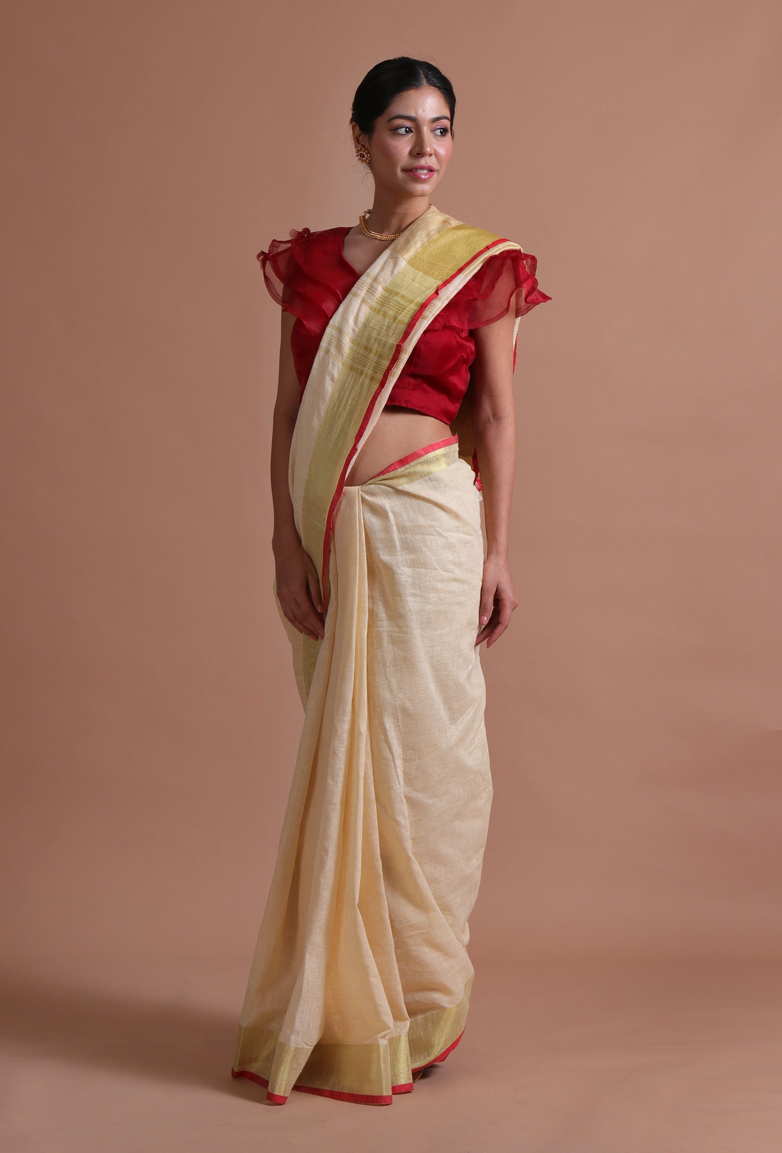 Off White Color Cotton Linen Saree With Unstitched Blouse