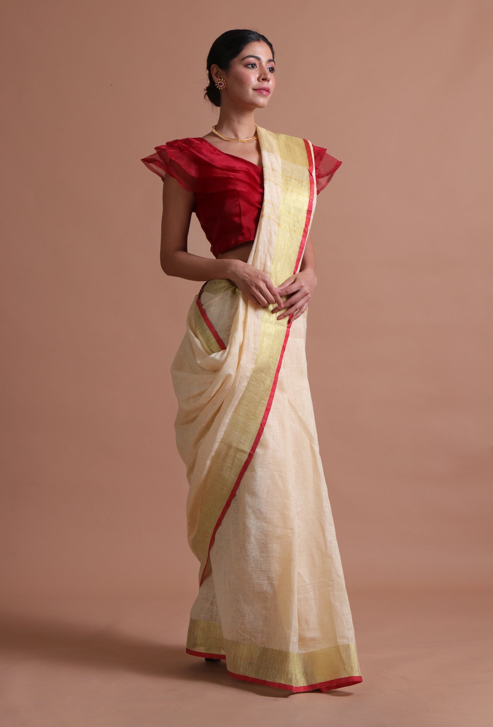 Off White Color Cotton Linen Saree With Unstitched Blouse