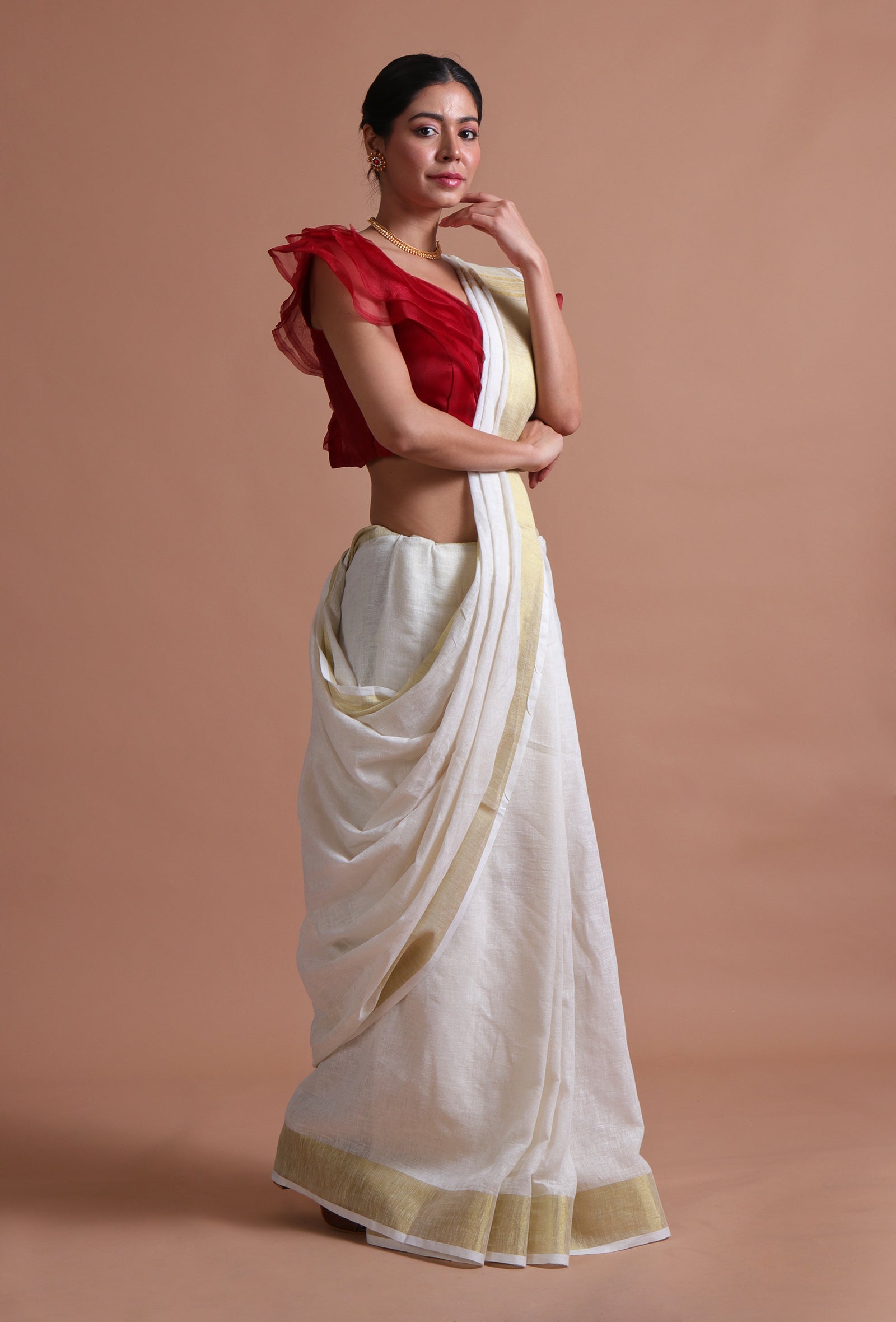 White Color Cotton Linen Saree With Unstitched Blouse