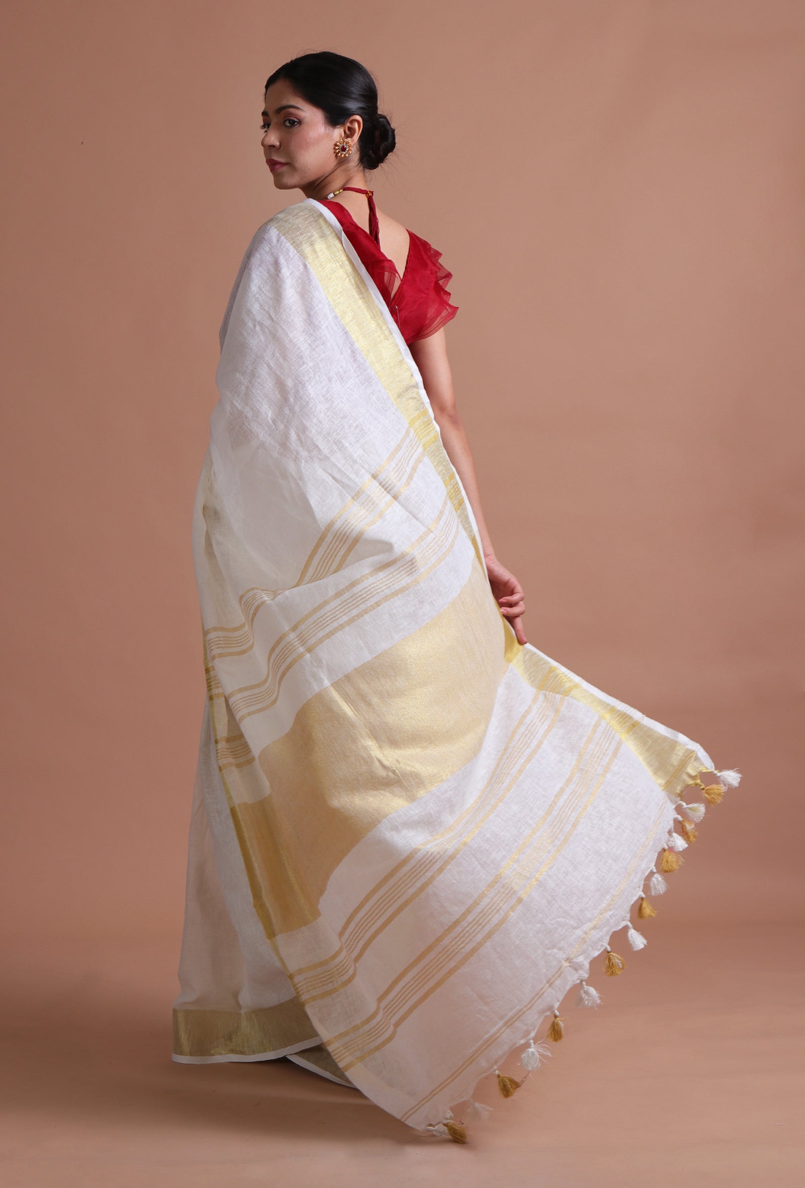 White Color Cotton Linen Saree With Unstitched Blouse