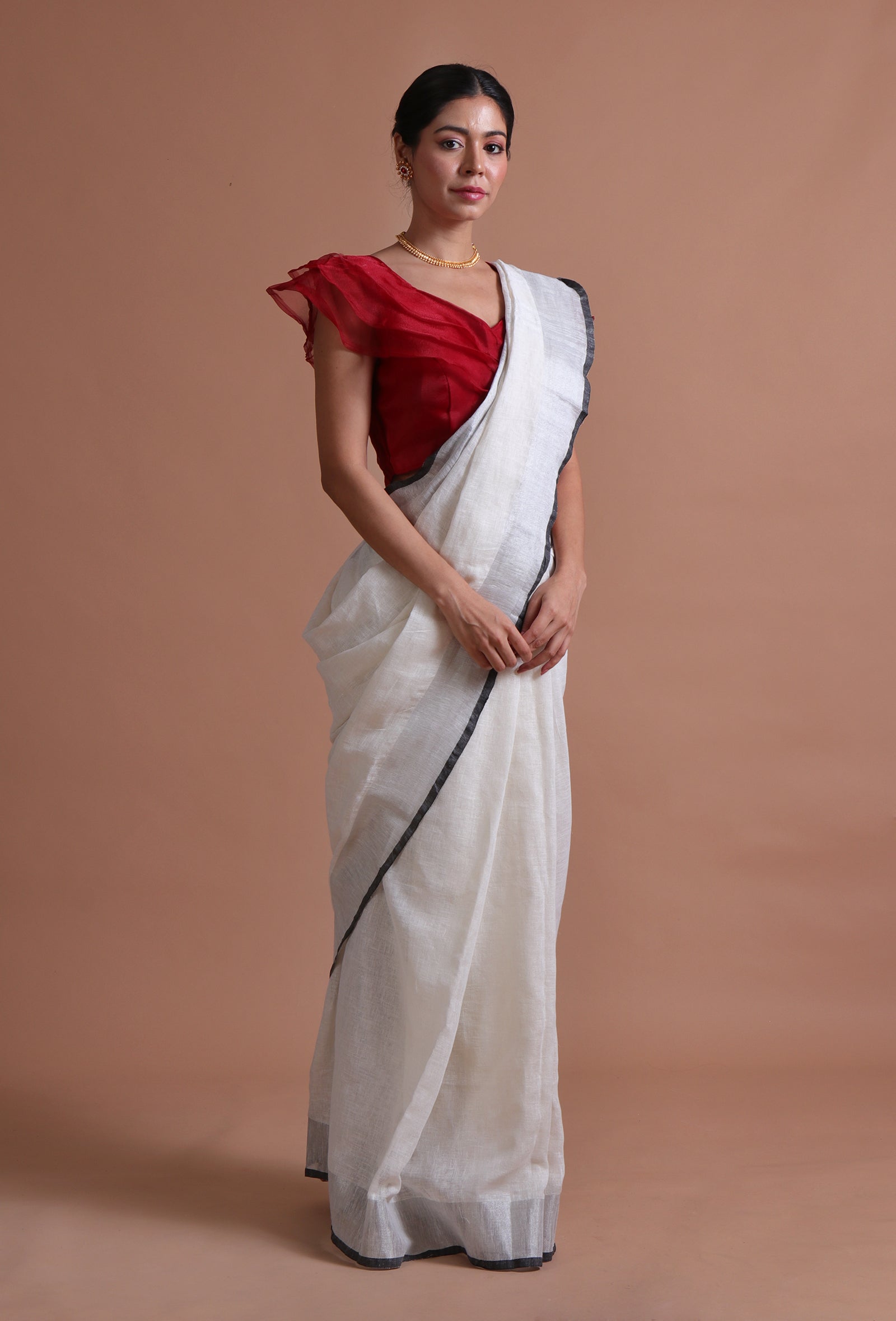 White Color Cotton Linen Saree With Unstitched Blouse