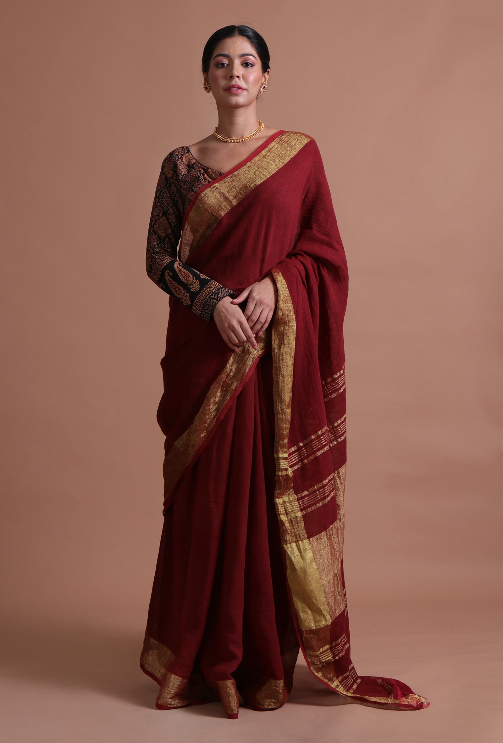 Maroon Color Cotton Linen Saree With Unstitched Blouse