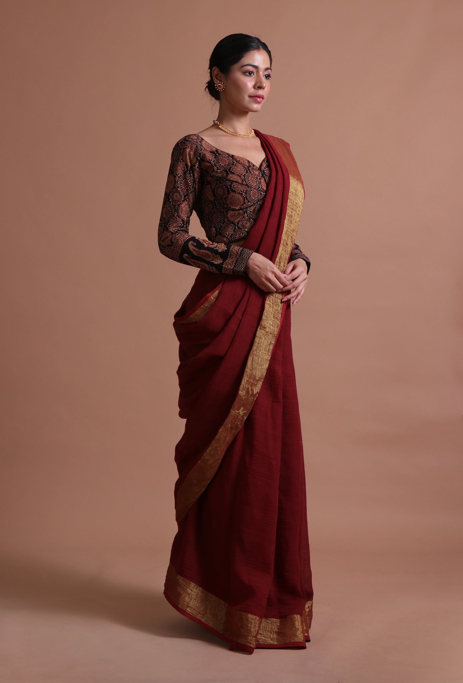 Maroon Color Cotton Linen Saree With Unstitched Blouse