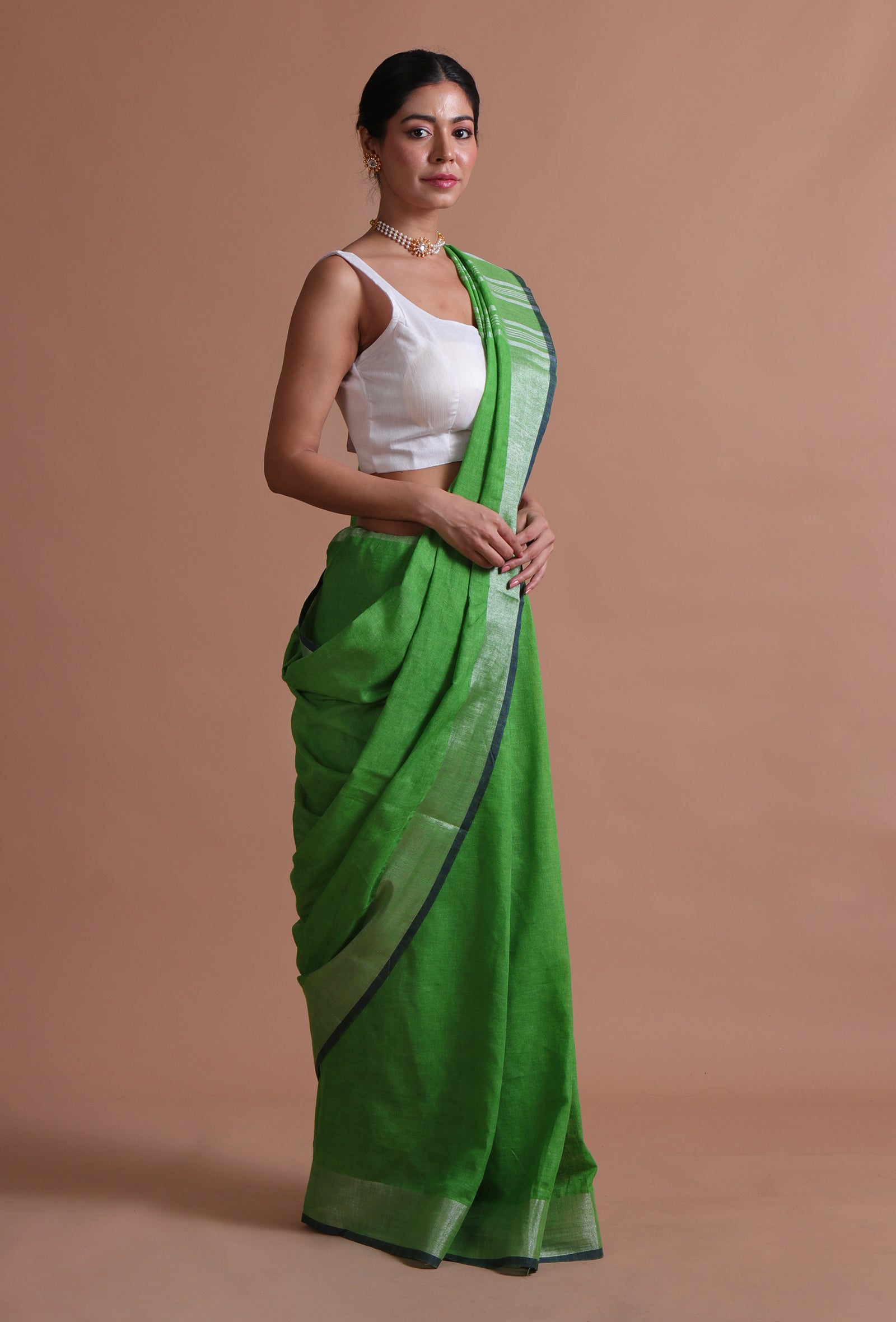 Green Color Cotton Linen Saree With Unstitched Blouse