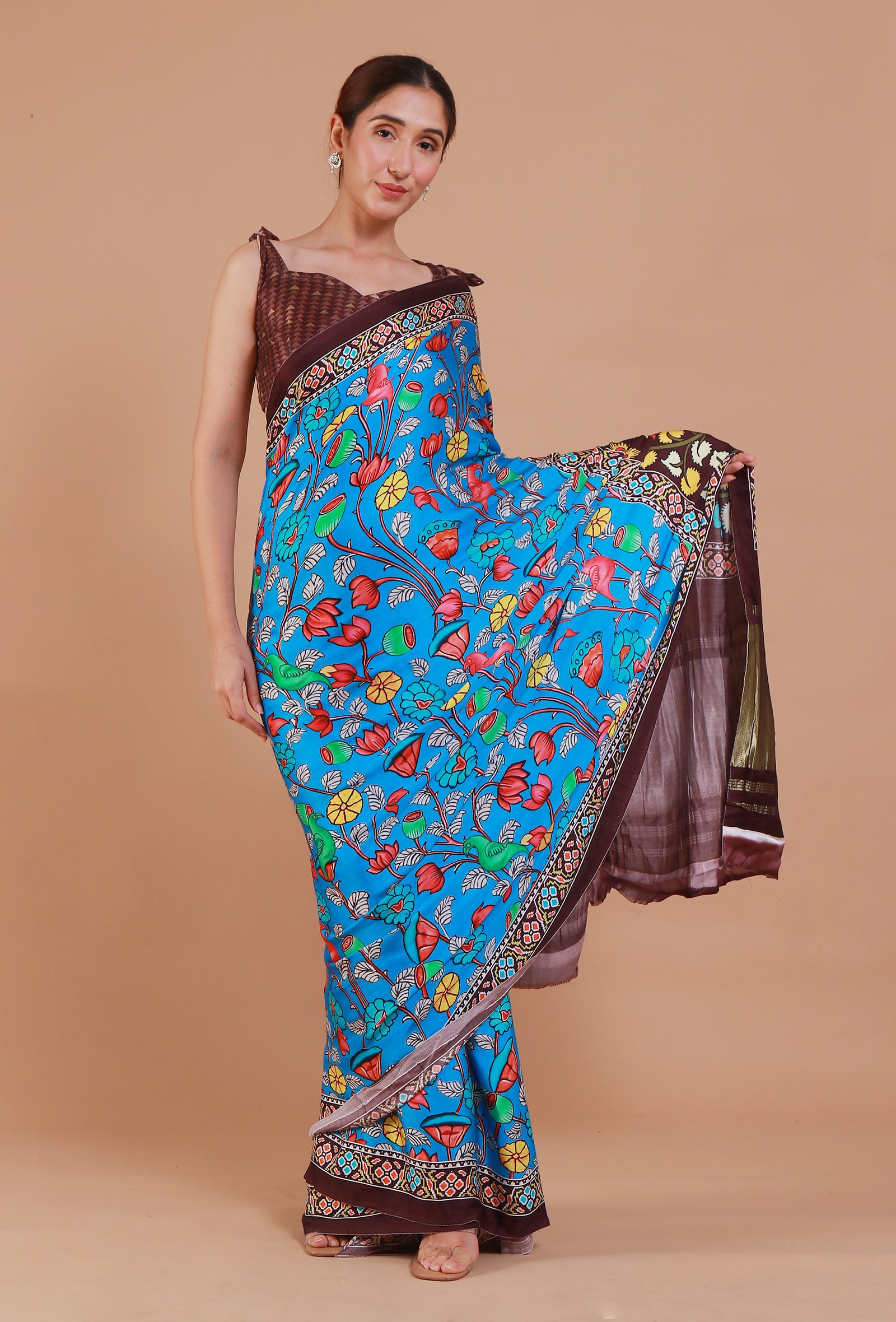 Blue & Brown Digital Print Modal Silk Saree