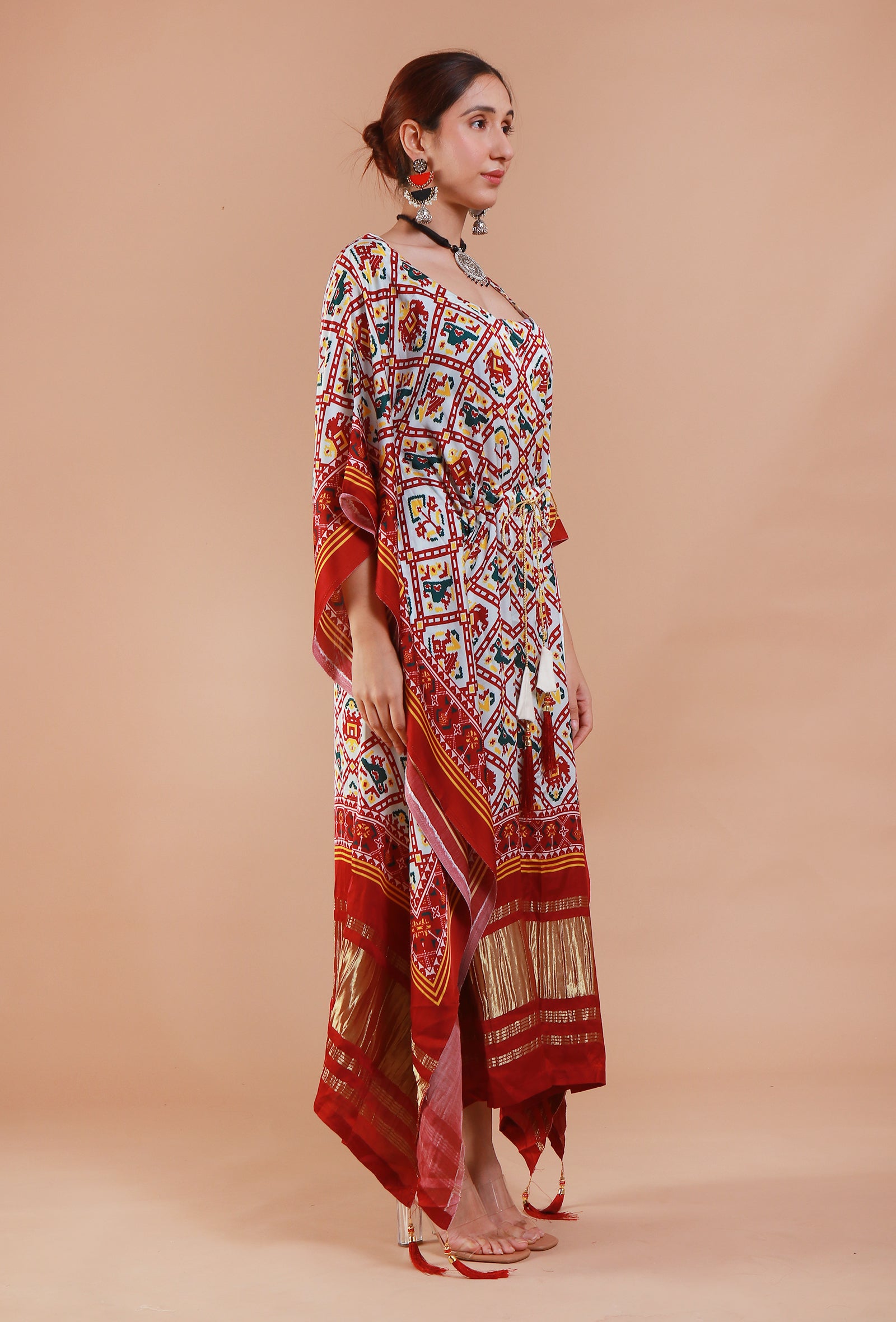 White & Maroon Digital Print Modal Silk Kaftan