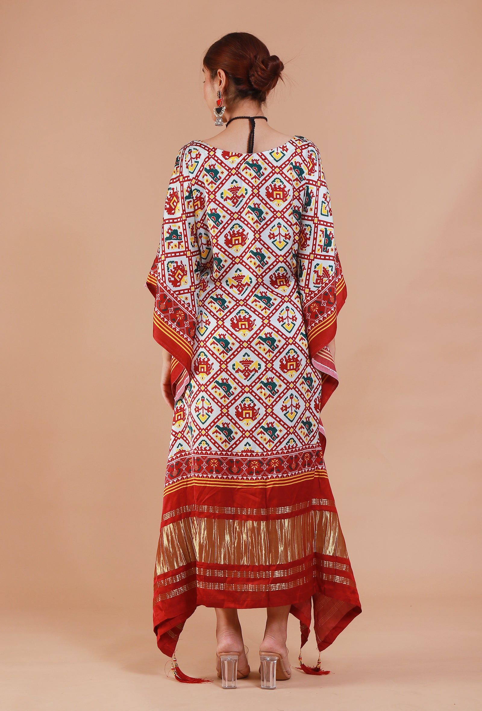 White & Maroon Digital Print Modal Silk Kaftan