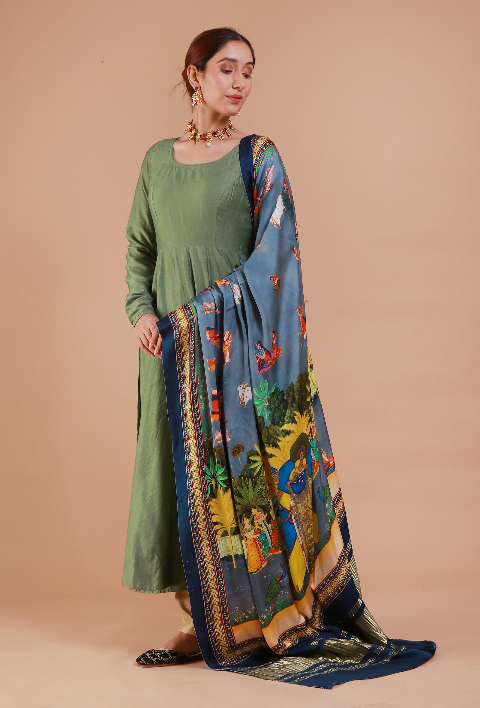 Blue Digital Print Modal Silk Dupatta