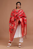 Red Color Semi Silk Dupatta With Zari Weaving