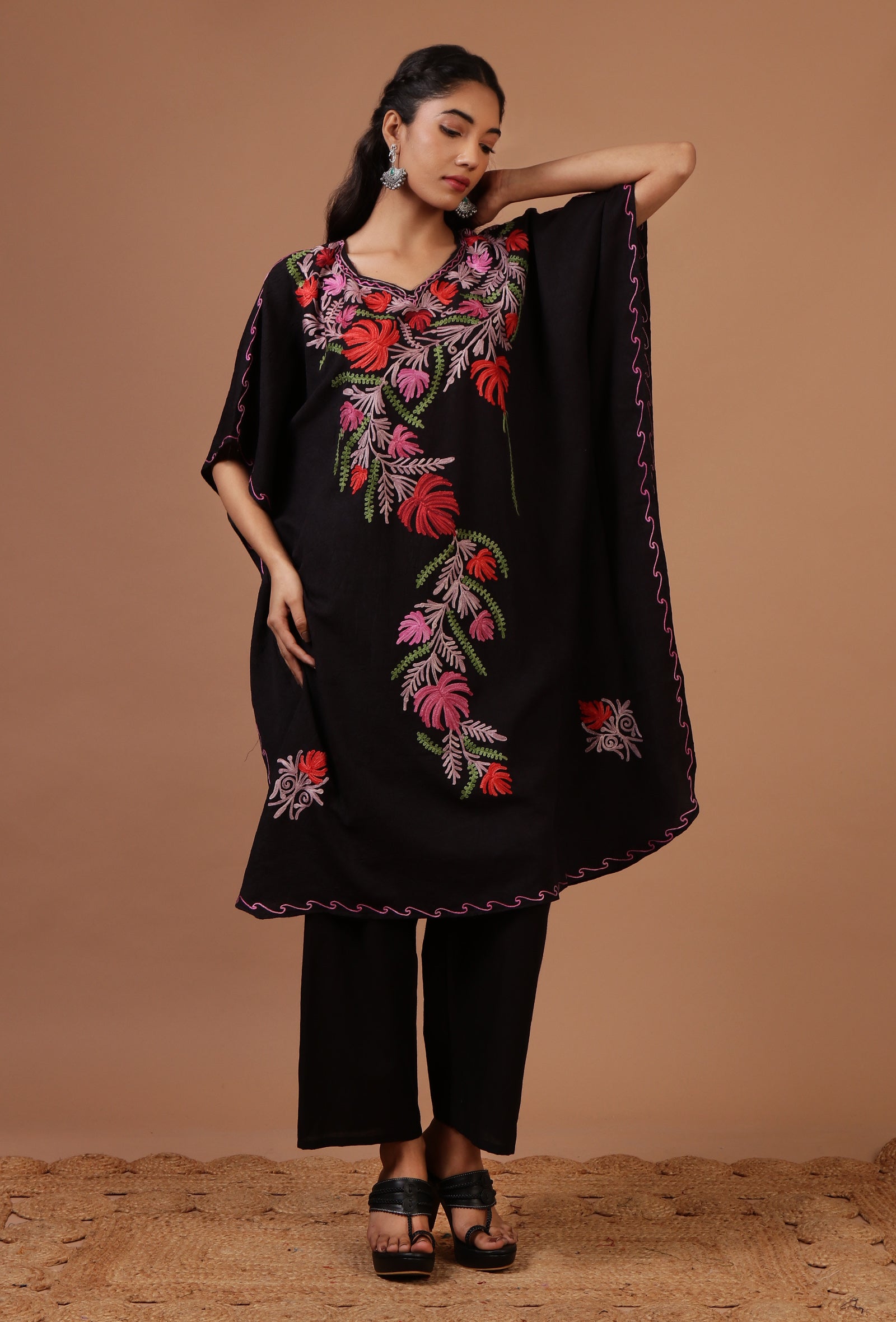 Black Cotton Crush Ari Embroidered Kaftan- Free Size