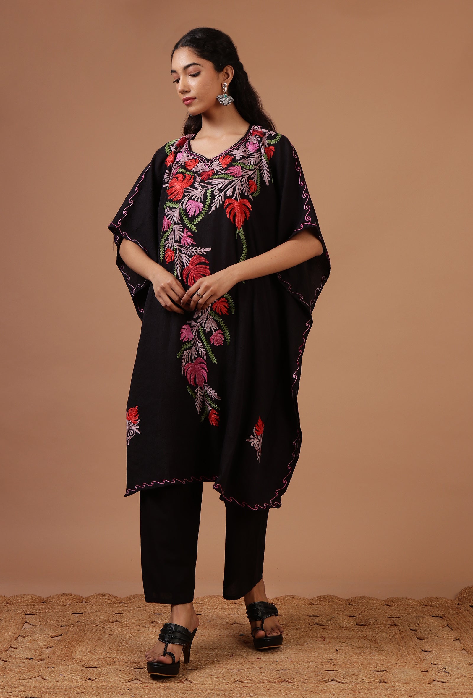 Black Cotton Crush Ari Embroidered Kaftan- Free Size