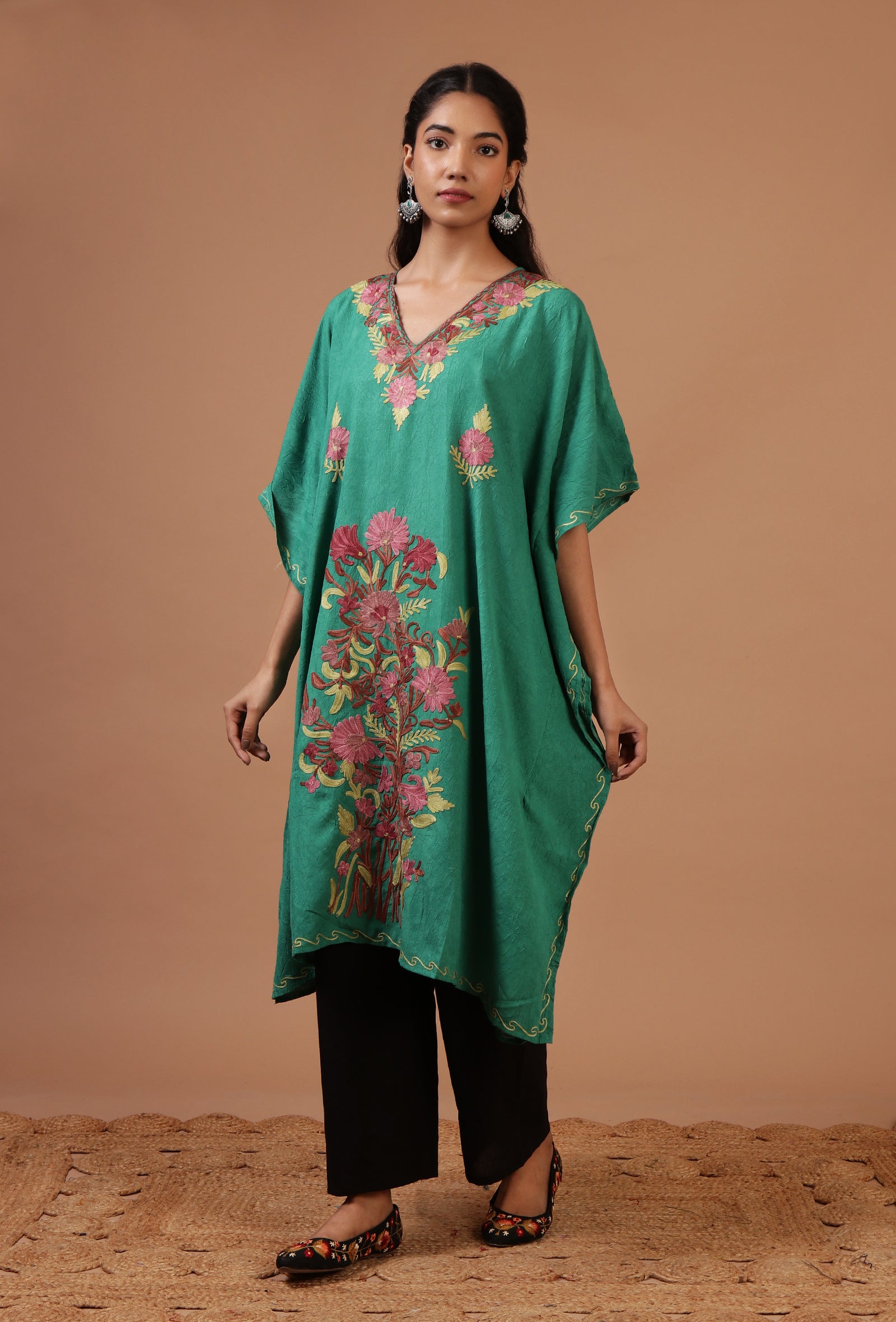 Sea Green Cotton Crush Ari Embroidered Kaftan- Free Size