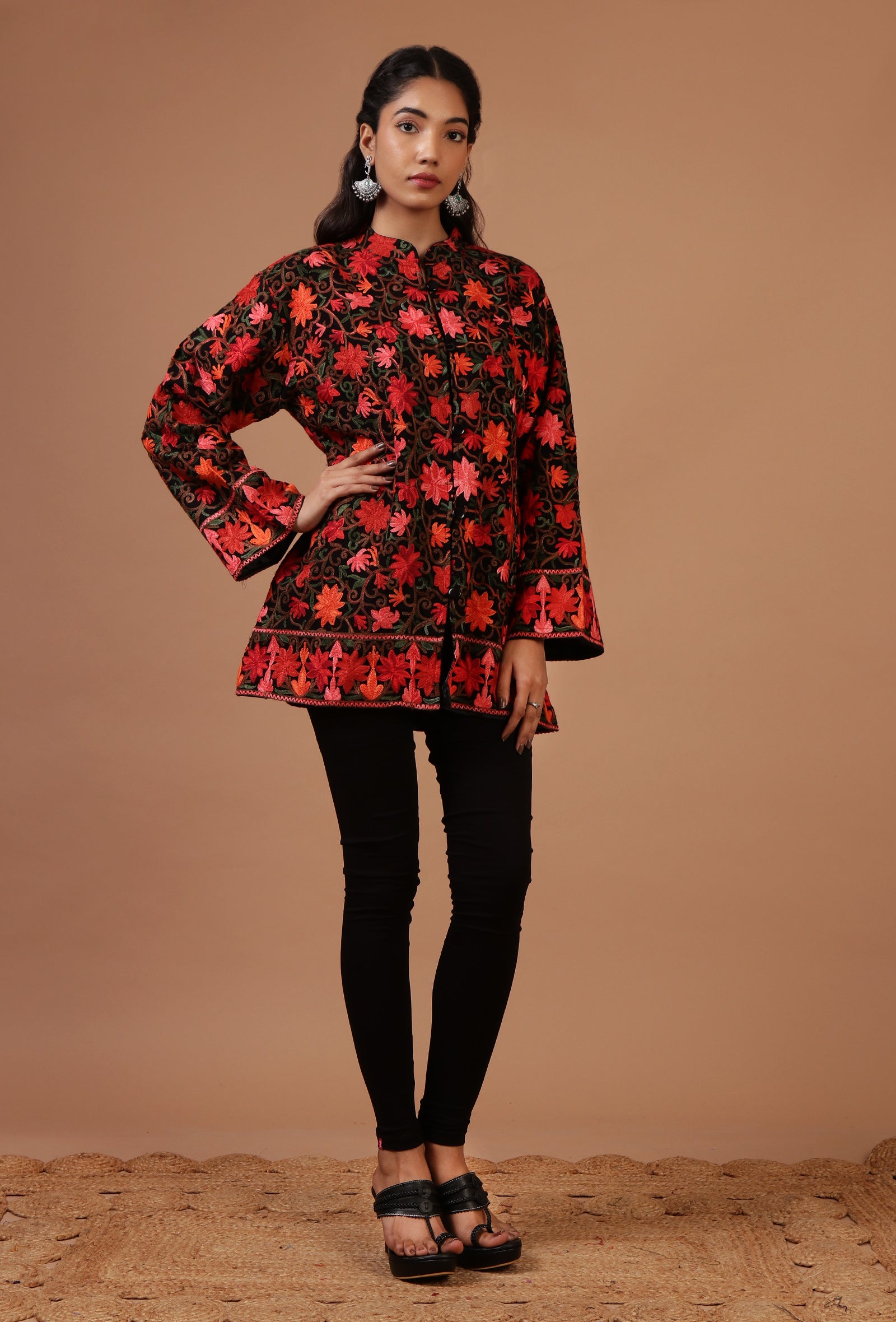 Black & Red Ari Embroidered Kani Short Jacket