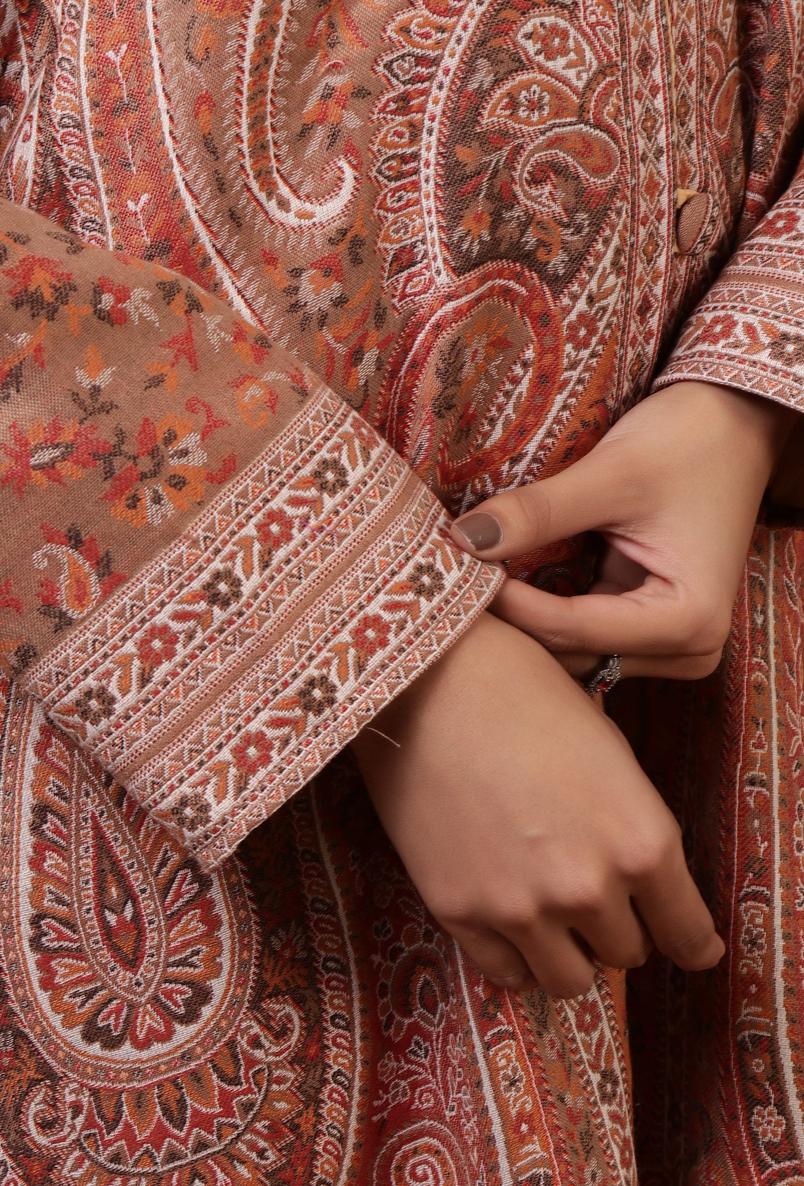 Rust Beige & Multicolor Kani Embroidered Long Jacket