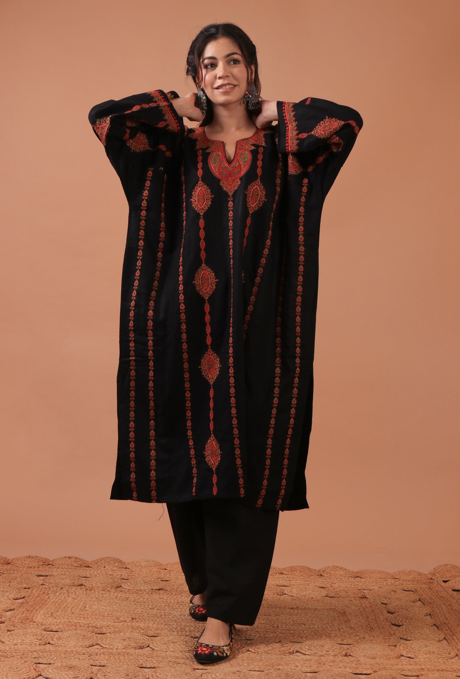Black Woolen Sozni Embroidered Phiran- Free Size