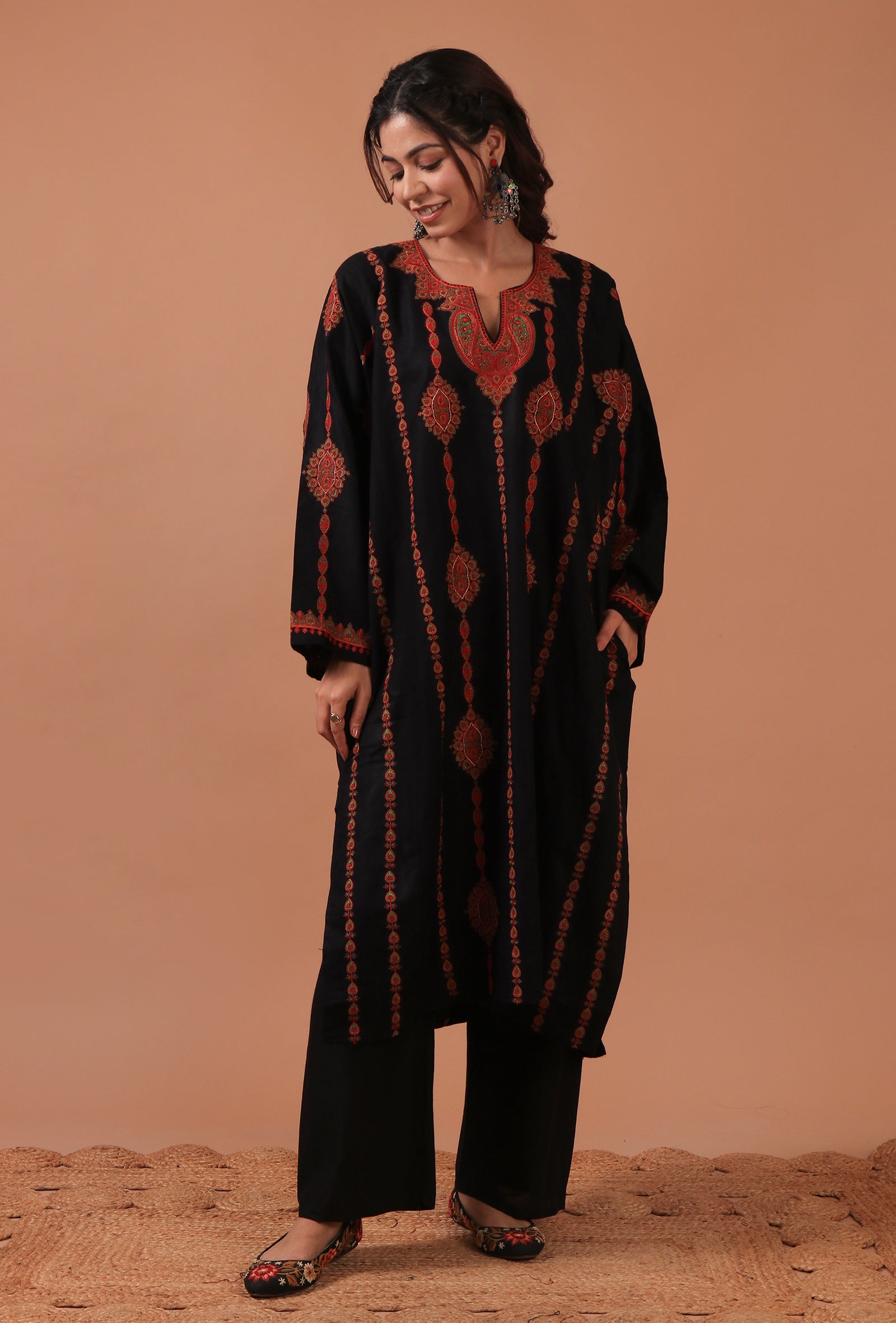 Black Woolen Sozni Embroidered Phiran- Free Size