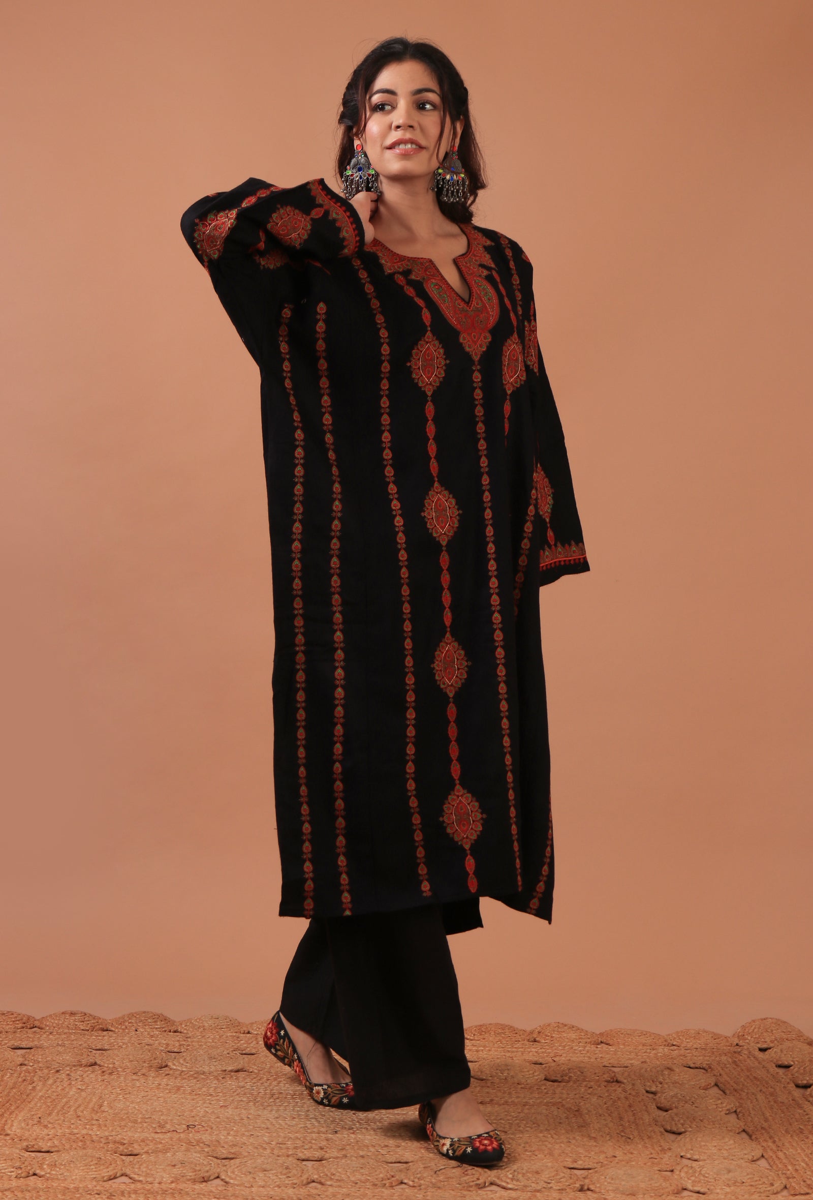 Black Woolen Sozni Embroidered Phiran- Free Size