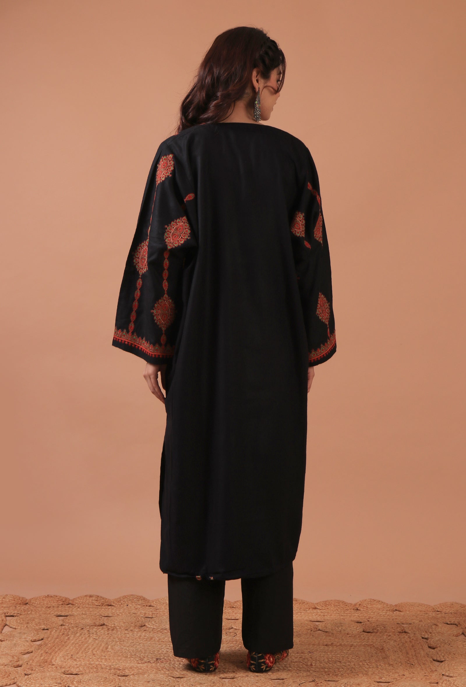 Black Woolen Sozni Embroidered Phiran- Free Size