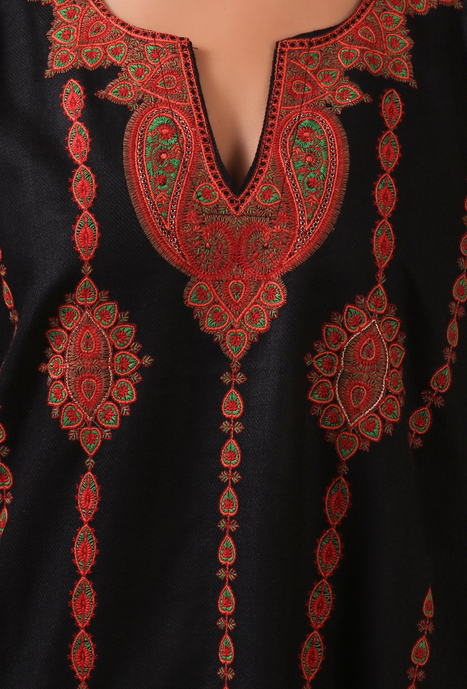 Black Woolen Sozni Embroidered Phiran- Free Size
