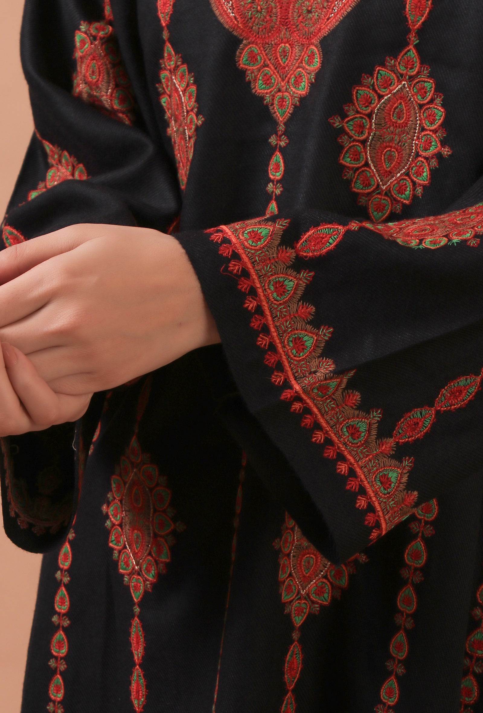 Black Woolen Sozni Embroidered Phiran- Free Size