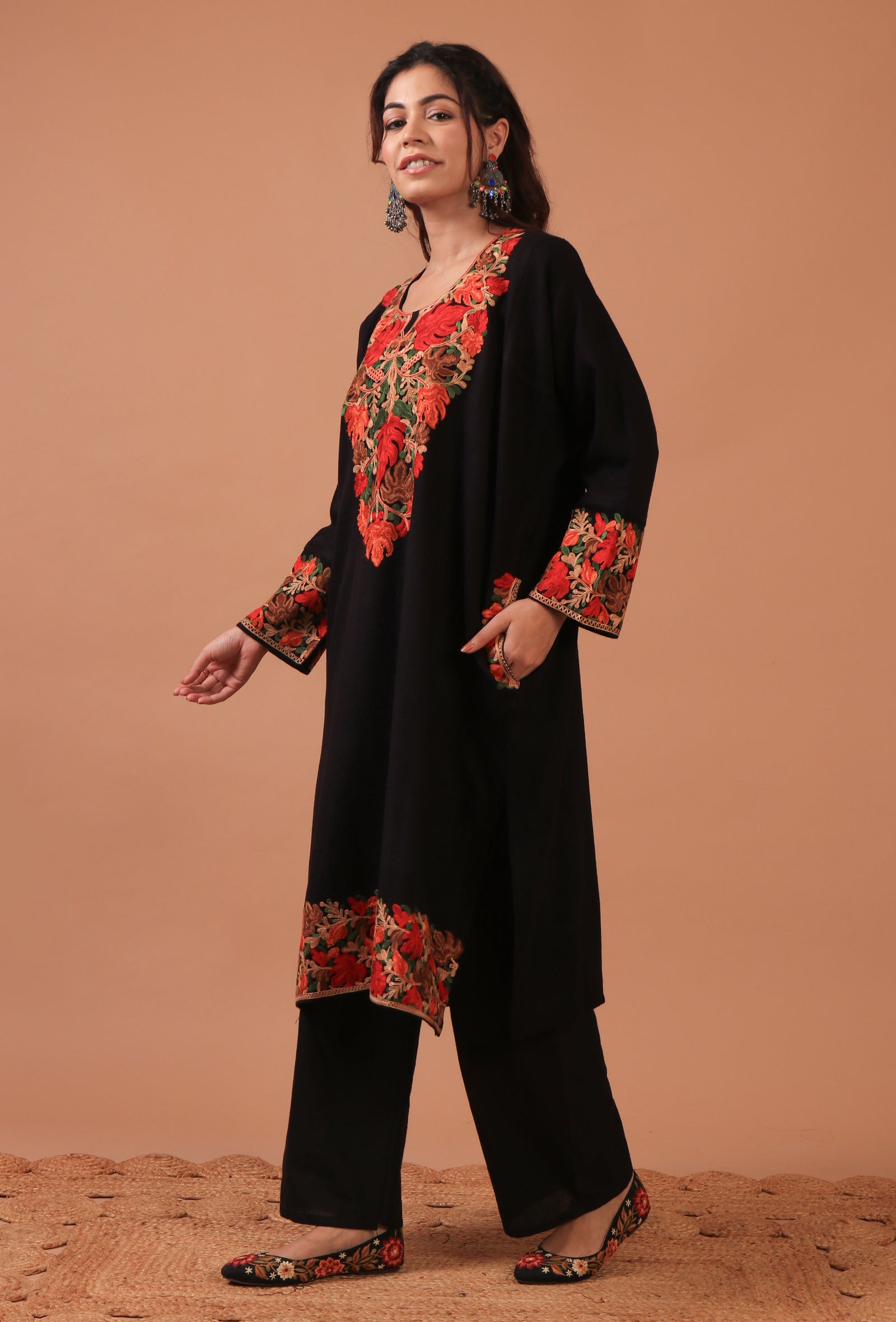 Black Woolen Ari Embroidered Phiran- Free Size