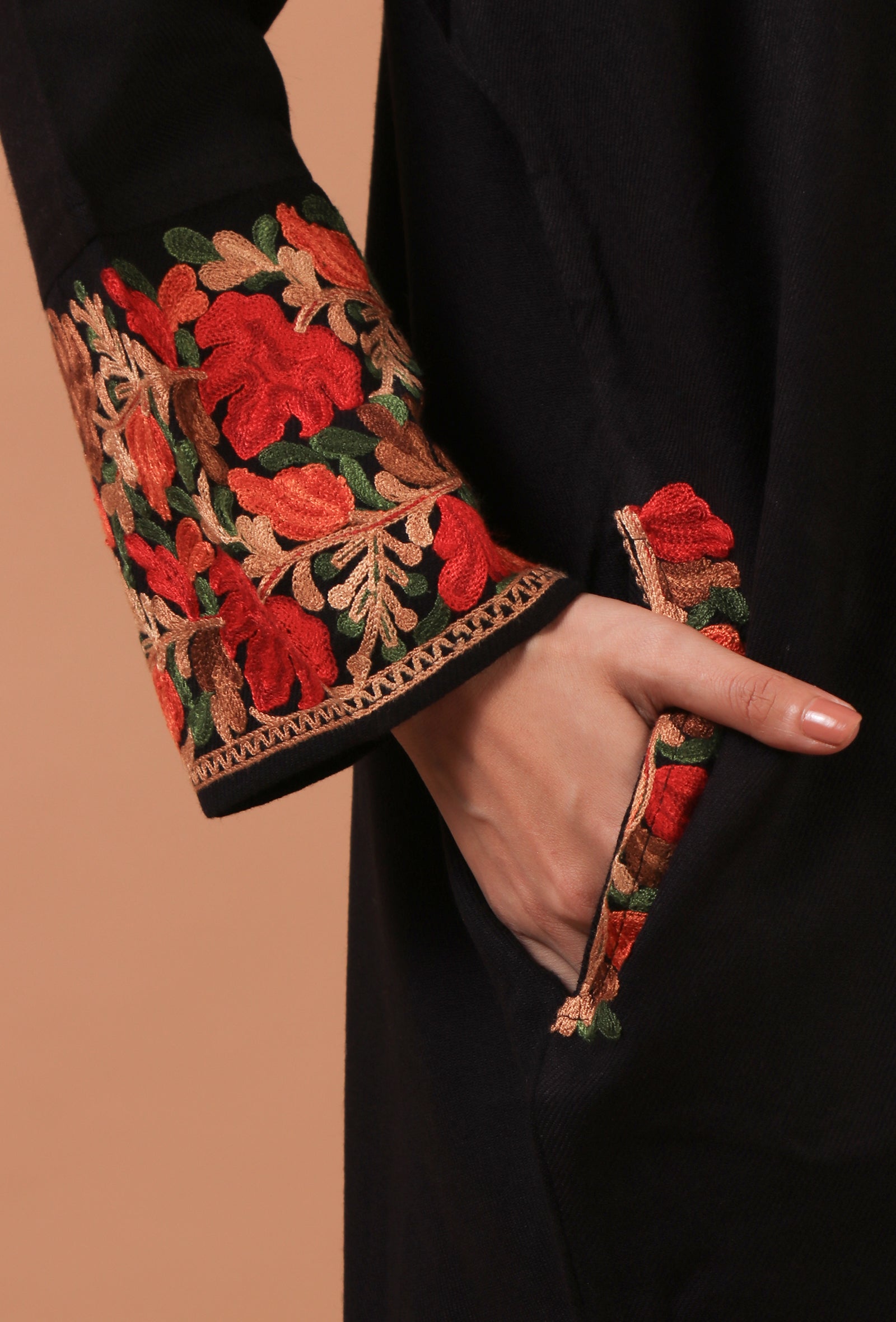 Black Woolen Ari Embroidered Phiran- Free Size