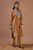 Beige Velvet Zari Embroidered Kurta, Pant And Dupatta Set- Free Size