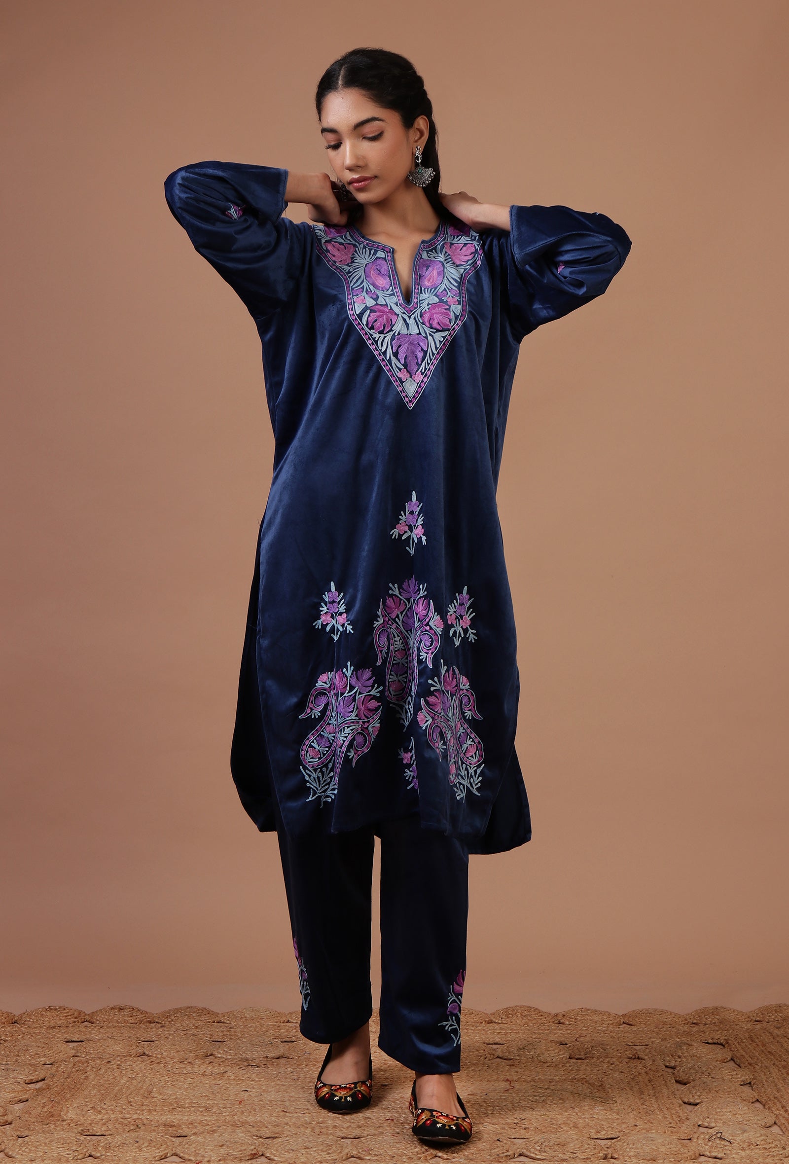 Blue Zodiac Velvet Ari Embroidered Kurta & Pant Set- Free Size